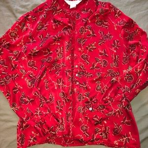 Red & Gold Silk Floral Button Up Blouse Vintage 8